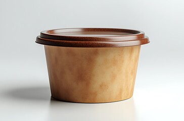 Brown Circular Takeout Container with Lid on Light Surface

