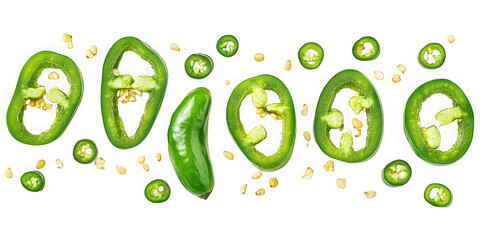 Fresh Sliced Green Jalapenos on White Background, Top View isolated on white png transparent background	