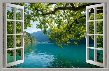 3D white window with lake and tree view background 