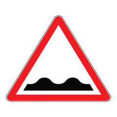 Uneven road, bumpy road, red triangle warning sign with bump symbol, vector illustration
