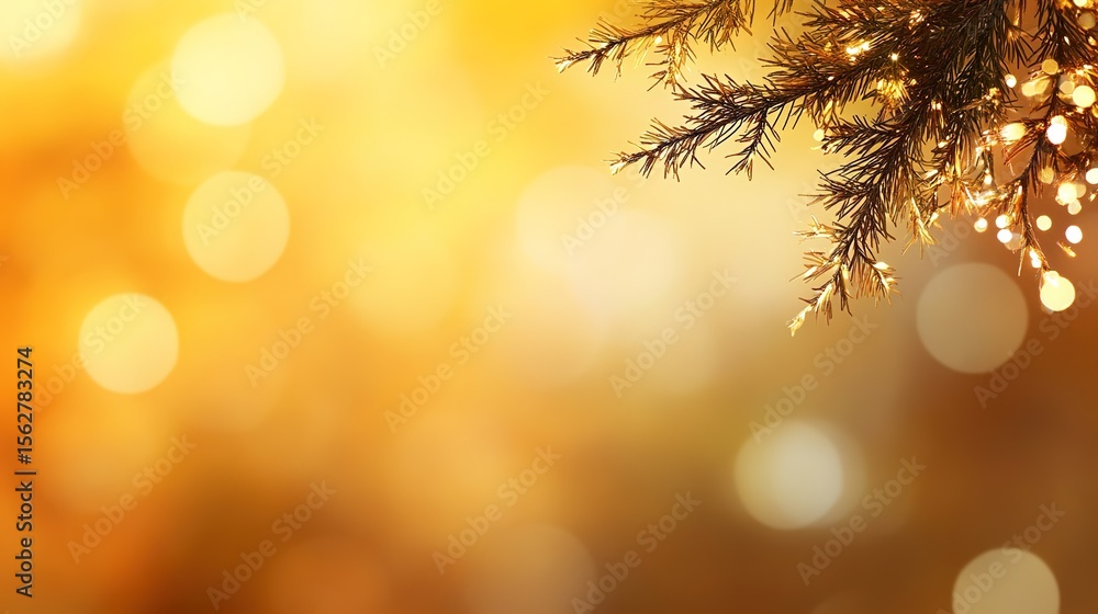 Poster golden bokeh background with evergreen branch and soft light effects