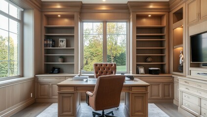 Elegant home office with built-in cabinetry