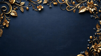 Ornate golden floral frame on dark blue elegant background with sophisticated swirls and delicate details perfect for festive designs