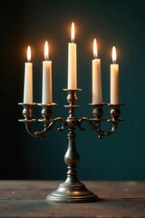 Vintage metal candelabra, five flickering candles, cozy, item