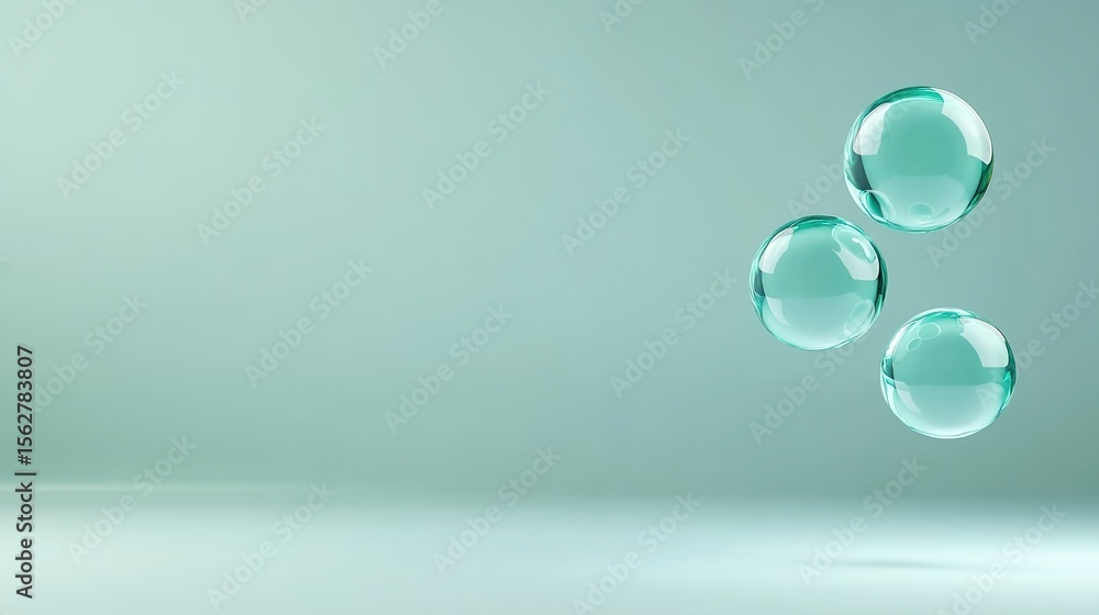 Poster three transparent bubbles floating on soft green background