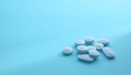 Scattered blue pills or capsules on a light background. Represents pharmaceuticals, medication, or wellness. Medical and abstract.

