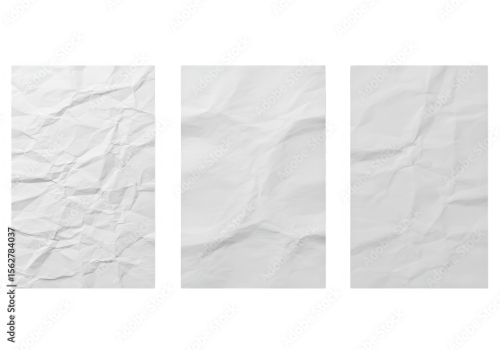 Poster three vertical sheets of crumpled white paper isolated on transparent background, showcasing various