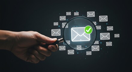 A hand holds a magnifying glass over a verified email icon