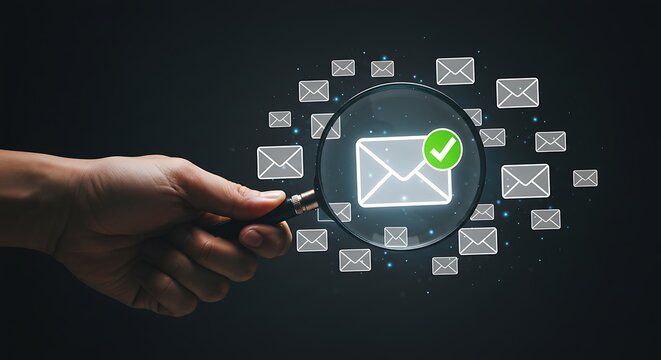 A hand holds a magnifying glass over a verified email icon