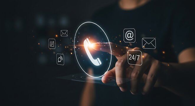 A hand touches a virtual phone icon surrounded by contact options