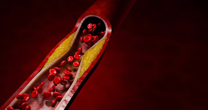 Artery narrowing due to cholesterol deposits, fast food intake, high-sugar beverages, alcohol addiction, processed foods, emphasizing risks hypertension, stroke, cardiovascular death. 3D rendering