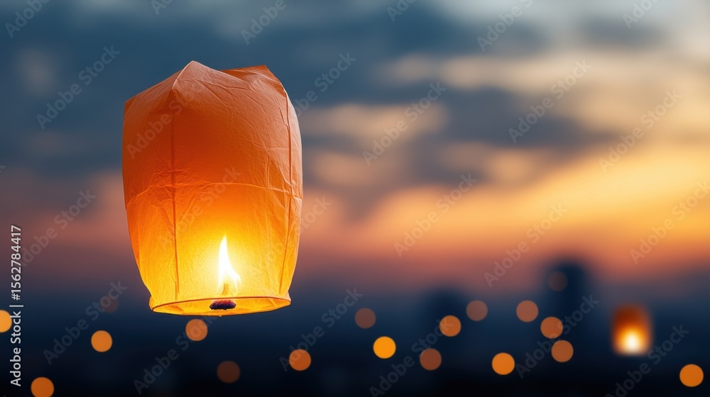 Poster lantern floating in the twilight sky with a glowing flame and scenic view
