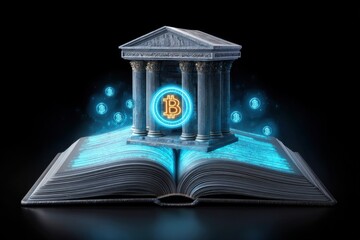 A glowing Bitcoin symbol hovers inside a classical temple structure, emerging from an open book, symbolizing knowledge and finance in the digital cryptocurrency era.