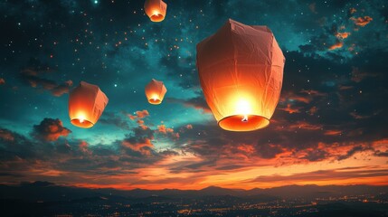 Beautiful Sky with Floating Lanterns Under Colorful Sunset Background