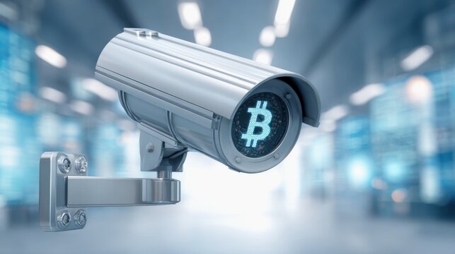 Cryptocurrency Regulatory Landscape Concept. A metallic security camera displays a glowing Bitcoin symbol, symbolizing cryptocurrency surveillance and digital security in a modern tech environment.