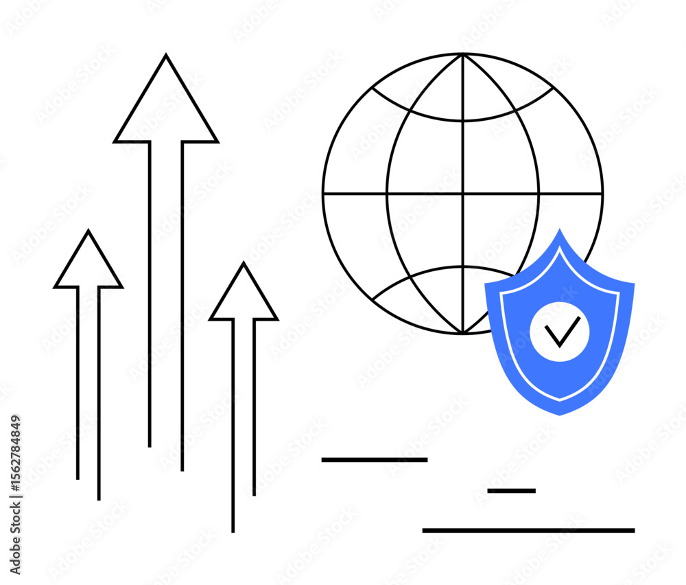 Poster arrows pointing upward beside a globe with a shield featuring a checkmark. ideal for growth, progres