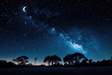 Silhouetted trees under a night sky filled with stars and the Milky Way, a crescent moon