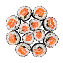 Top-Down View of Salmon Sushi Roll Slices Arranged

