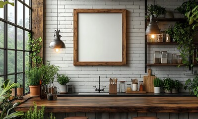 Rustic Kitchen with White Brick Wall, Wooden Countertop, Large Window, and Lush Plants

