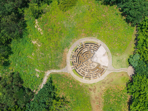 Circular Hedge Maze Aerial View in Forest Park