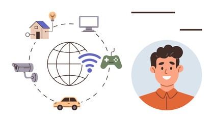 Global network connecting house, car, camera, computer, and gaming controller with smiling user nearby. Ideal for IoT, smart home, automation, digital connectivity technology innovation simple