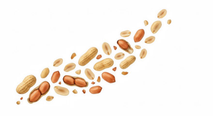 Flying Stream of Raw Peanuts in Shells and Shelled Kernels, Forming a Diagonal Wave, Isolated on Transparent PNG Background

