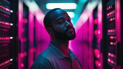 A man standing in a server room with neon lights, wearing a polo shirt, with a serious expression on his face.