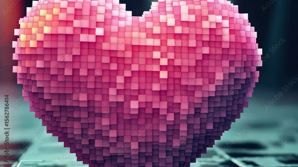 Poster colorful pixel heart shape rendered in 3d technology on a textured surface, pink heart shape made of
