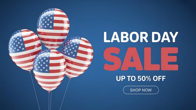 Labor day sale with american flag balloons and up to 50 percent off - Powered by Adobe