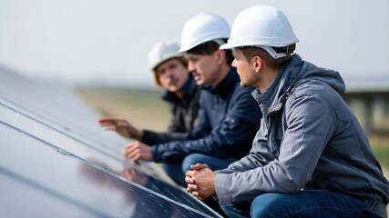 Engineers, technician, and worker inspecting solar panel installation outdoors, wearing safety helmet, discussing renewable energy project, teamwork, and sustainable technology solutions