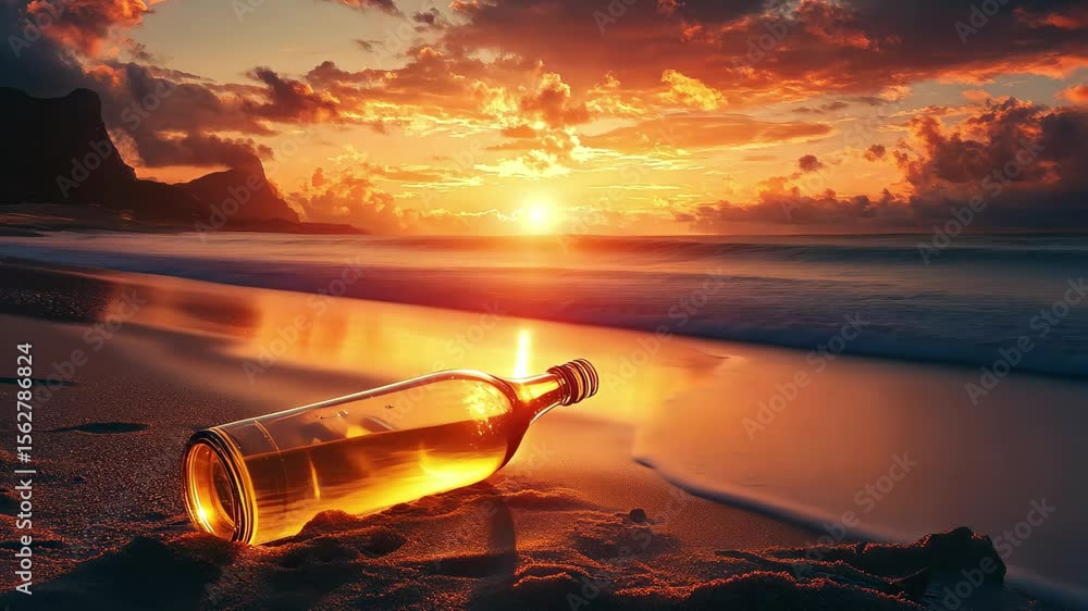 Poster message in a bottle resting on sandy shore during vibrant sunset, message in a bottle on the coast a
