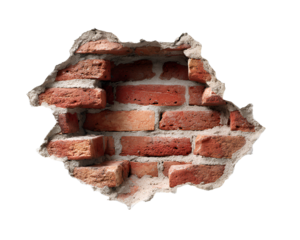 A broken brick wall with a hole, on a white background
