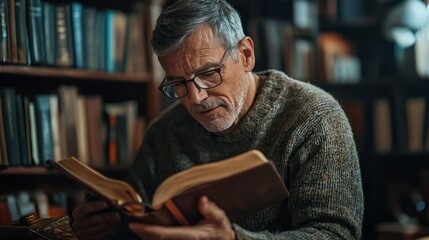 An elderly man wearing glasses, reading a book in a dimly lit library with a bookshelf filled with books in the background.