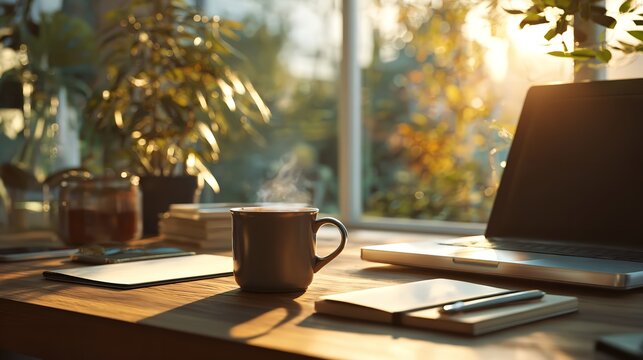 Cozy Morning Workspace Laptop Coffee Notebook and Sunlight Productive Start to Workday Relaxing