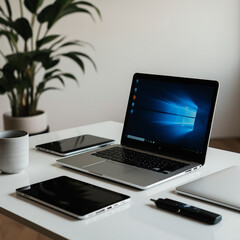 Modern Workspace with Laptop, Tablets, and Gadgets on Minimalist White Desk with Natural Light