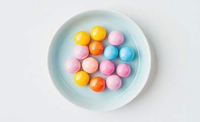 Colorful round candies arranged in a light blue plate