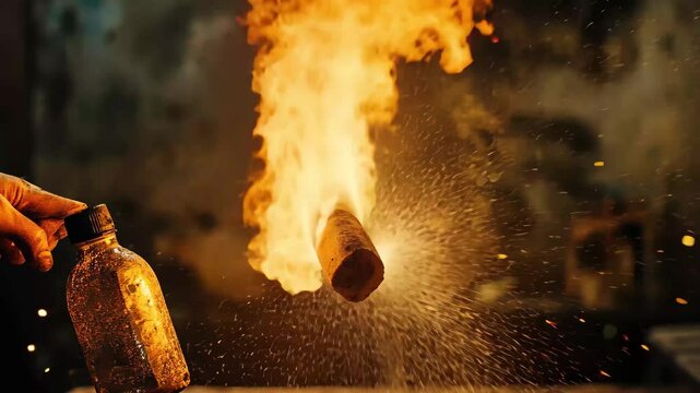 Molotov cocktails ignite and are thrown during nighttime protests in urban setting, Molotov Cocktails Are Lit And Thrown At Night