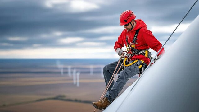 Worker Safety Harness Helmet Rope Wind Turbine Maintenance Outdoor Cloudy Field Professional Technician Performing Inspection and Climbing with Safety Gear on Renewable Energy Equipment