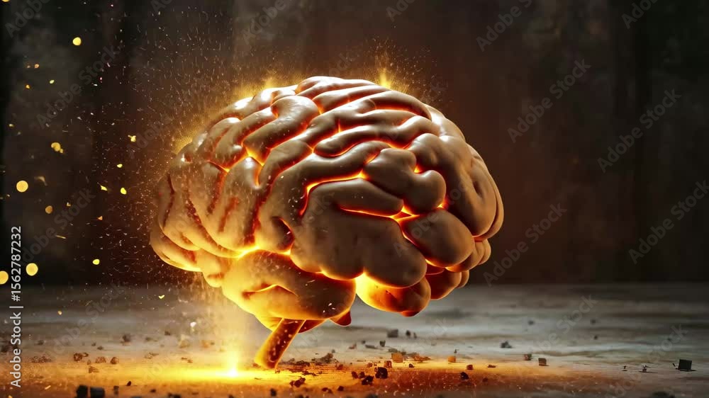 Aufkleber creative thinking represented by a glowing brain with sparks illuminated in a dark setting, human br