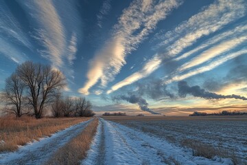 Winter landscape with a dirt road, dramatic sky