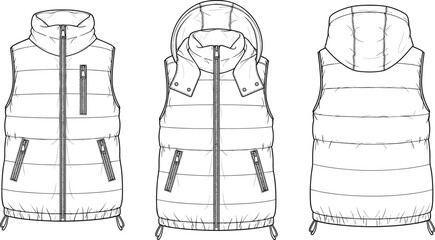 WebPuffer vest technical sketch, front and back view, zipper design, hooded sleeveless jacket, fashion flat sketch, CAD illustration © Shafik Creatives