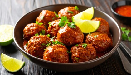 Fototapeta premium Hot Meatball Soup with Chili Sauce and Lime