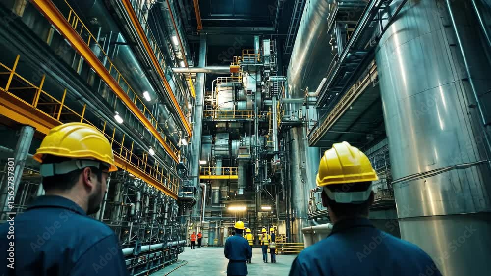 Poster engineers collaborating in a power station during operational assessment, team of engineers in power