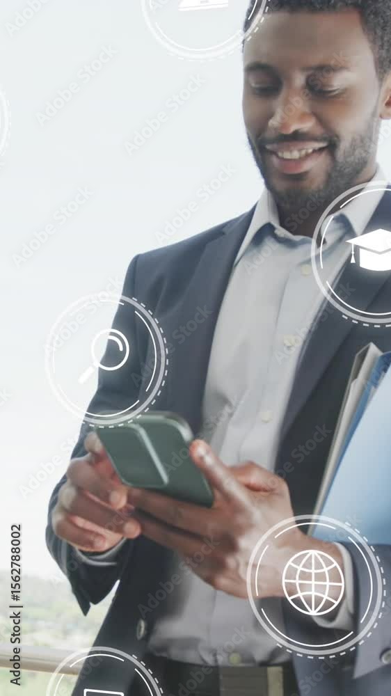 Poster animation of icons with data processing over african american businessman in office