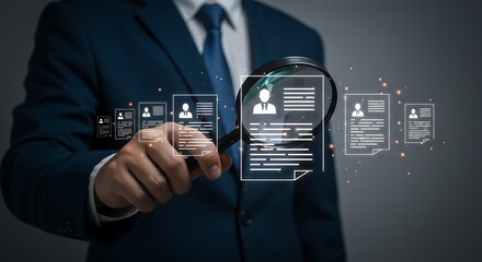 A man reviews resumes with a magnifying glass