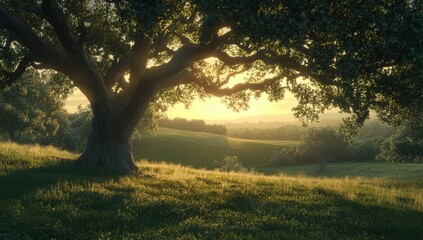 Sunrise, ancient oak, grassy hill, tranquil valley