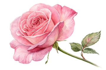 Fototapeta premium Beautiful watercolor pink rose with green leaves isolated on transparent background