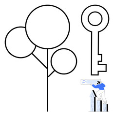 Man reaching toward a search bar atop buildings, alongside a large key and circle-lined tree. Ideal for innovation, growth, problem-solving, success, opportunities, exploration, simple flat metaphor