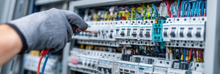 Horizontal view of gloved electrician securing electrical equipment and grounding cables inside open power cabinet, detailed engineering tools visible, clean modern background