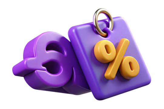 Purple 3d pound sterling symbol with yellow percentage sign isolated on transparent background
